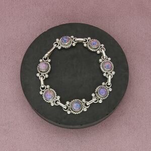mexico sterling silver vintage braided foil art opal link bracelet size 8in